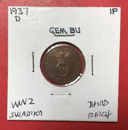 1937D GERMANY THIRD REICH SWASTIKA WORLD WAR 2! 1 PFENNIG! SWASTIKA! OLD COIN!