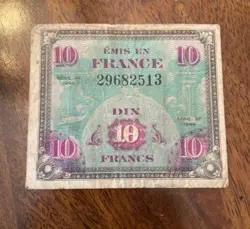 FRENCH 10 FRANC 1944 SERIES DE WW2 ALLIED OCCUPATION CURRENCY FRANCE BANKNOTE
