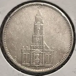 1934 GERMANY 5 MARK SILVER COIN, POTSDAM GARRISON CHURCH, WW2, SILVER WORLD COIN