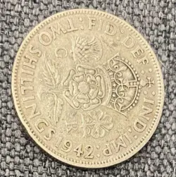 1942 UK GB GREAT BRITAIN SILVER FLORIN TWO SHILLINGS COIN FROM WW2