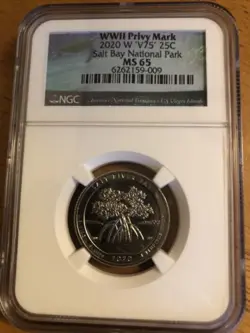 2020 W SALT RIVER BAY NATIONAL PARK NGC MS65 V75 WWII PRIVY QUARTER 25C WW2 VLBL