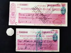 VINTAGE CHEQUE WW2 1938 1945 WESTMINSTER BANK WESTERHAM ELTHAM ORP BIGGIN X 2