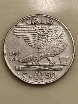 1940 ITALY 50 CENTESIMI OLD ANTIQUE WW2 ERA EAGLE FOREIGN COIN