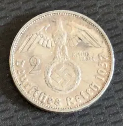 GERMANY THIRD REICH   NAZI COIN 2 REICHSMARK SILVER COIN 1937 A HINDENBURG