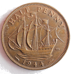 1944 GREAT BRITAIN HALF PENNY - AU WW2 DATE EXCELLENT COIN - LOT #N2