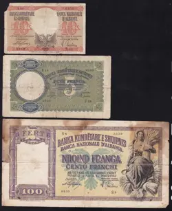 ALBANIA --- LOT -- WW2 -- 3 BANKNOTES FRANGA  1944 --- G/VG -----