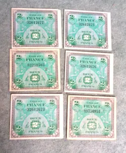 WWII WW2 US INVASION CURRENCY 6 PIECE LOT-2 FRANCS EACH DENOMINATION