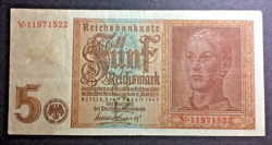 1942 GERMAN REICH WW2 NAZI 5 MARK BANKNOTE WORLD PAPER MONEY