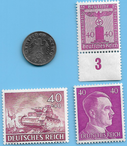 GERMANY WW2 1943 A 1 RPF SWASTIKA COIN & HITLER SWASTIKA STAMP LOT WW2 ERA #77