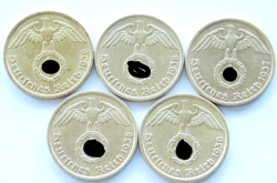 LOT GERMAN 5X 10 REICHSPFENNIG COINS 1937 - 1939 BRASS SWASTIKA 3RD WW2 PFENNIG