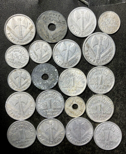 OLD VICHY FRANCE COIN LOT - 20 HISTORIC WW2 ERA OCCUPATION COINS - LOT #N5