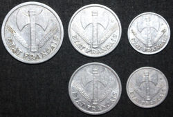 VICHY FRANCE 5 COIN LOT 1942 1943 50 CENTIMES 1 FRANC 2 FRANCS WW2 WWII
