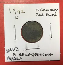 1942F GERMANY THIRD REICH SWASTIKA WORLD WAR 2! 5 PFENNIG! SWASTIKA! OLD COIN!