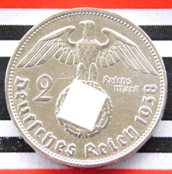 GERMAN 2 REICHSMARK 1938 J SWASTIKA HINDENBURG SILVER COIN 3RD REICH WW2 MARK BU