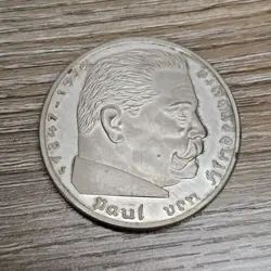 1938 WW2 GERMAN 5 REICHSMARK COIN, THIRD REICH, VON HINDENBURG, HITLER