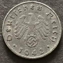 GERMANY-1942-THIRD REICH-5 REICHSPFENNIG COIN-WORLD WAR 2 -MINT A-BERLIN- 5 PF