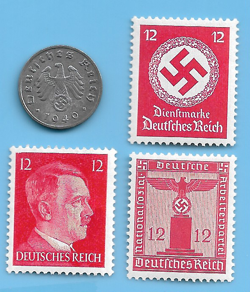 GERMANY WW2 1940 F 1 RPF SWASTIKA COIN & HITLER SWASTIKA STAMP LOT WW2 ERA #80