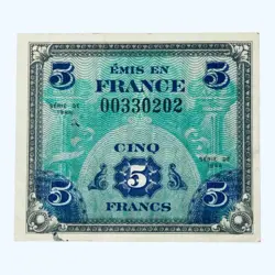 1944 FRANCE 5 FRANCS ALLIED MILITARY FRENCH CURRENCY BANKNOTE EUROPE WW2 FRANC