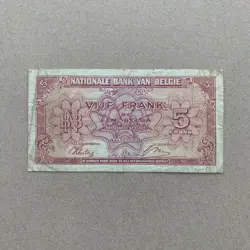 BELGIUM 5 FRANCS BANKNOTE 1943 WWII WW2 BELGIQUE CURRENCY WORLD WAR TWO BELGIE