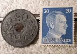 1942 WW2 FRENCH ,  20 CENTIMES ZINC COIN, GERMAN CONTROLLED  20PF BLUE STAMP