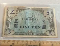 JAPAN WW2 1945 FIVE YEN BANKNOTE ALLIED MILITARY CURRENCY P#69A CIRC SEE PICS!