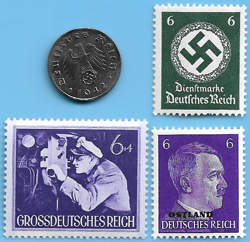 GERMANY WW2 1942 A 1 RPF SWASTIKA COIN & HITLER SWASTIKA STAMP LOT WW2 ERA #82