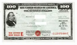 $100 DOLLAR US WW2, 1945 WAR SAVINGS BOND SERIES E  DENOMINATION, PRINTED BY BEP