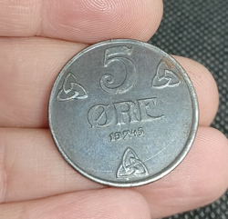 VINTAGE WW2 NORWAY 5 ORE 1945 COIN GERMAN OCCUPATION