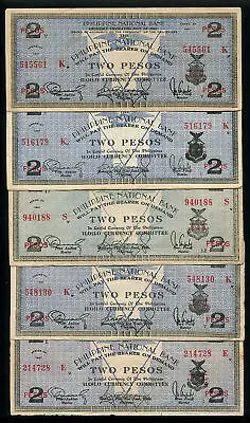 PHILIPPINES - LOT SET OF 5 EMERGENCY BANKNOTES WW2 - 2 PESOS 1941 P-S306A