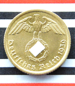 GERMAN 10 REICHSPFENNIG 1939 A SWASTIKA COIN BRASS 3RD REICH WW2   UNC   PFENNIG