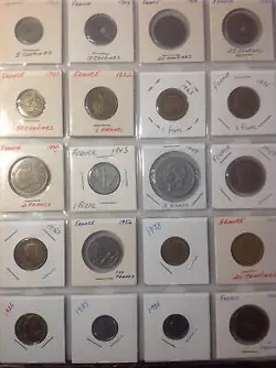 OLD WORLD COIN LOT 20 CARDED COINS PAGE ALL FRANCE 1905 THROUGH WW2 TO 1986