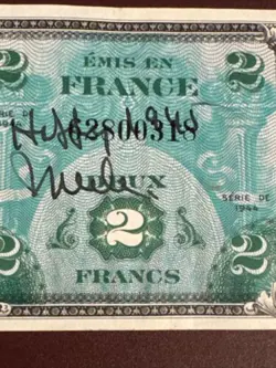 1944 WW2 FRENCH 2 FRANC (ALLIED OCCUPATION CURRENCY) BANKNOTE