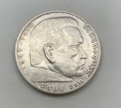 1937 F WW2 GERMAN 5 REICHSMARK COIN, THIRD REICH, PAUL VON HINDENBURG, SWASTIKA