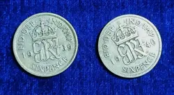 VINTAGE SILVER PAIR:1939 AND 1940,2X WW2  GEORGE VI .500 SILVER SIX PENCE