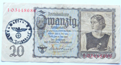 GERMAN BANKNOTE 20 REICHSMARK 1939 TIROL SWASTIKA WW2 MONEY BILL MILITARY STAMP