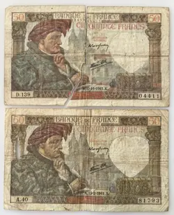 FRANCE 2X 50 FRANCS 1941 50F FRENCH PAPER MONEY GENUINE BANKNOTE WORLD WAR WW2