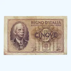 1940 ITALY (KINGDOM) 5 ITALIAN LIRA LIRE WW2 BANKNOTE KING VITTORIO EMANUELE III