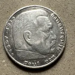 1936 D WW2 GERMAN 5 REICHSMARK COIN, VON HINDENBURG, LARGE EAGLE ON REVERSE AU