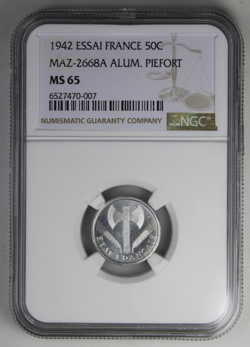 1942 ESSAI FRANCE 50C MAZ-2668A ALUM. PIEFORT NGC MS 65 RARE WW2 ERA MINTING