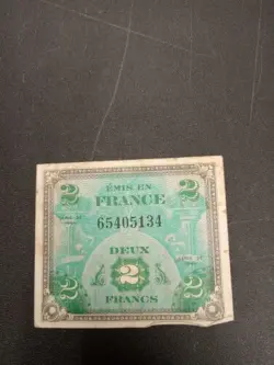 WW2 FRENCH 2 FRANC 1944 (ALLIED OCCUPATION CURRENCY) FRANCE BANKNOTE WWII A-5