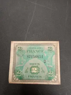 WW2 FRENCH 2 FRANC 1944 (ALLIED OCCUPATION CURRENCY) FRANCE BANKNOTE WWII A-3