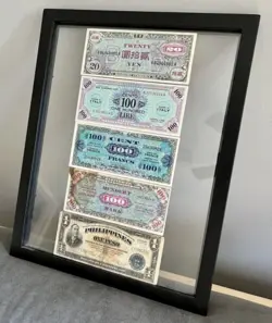 WW2 ALLIED INVASION CURRENCY FRAMED YEN LIRE MARK FRANCS PESO