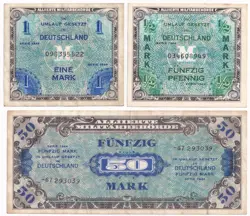 3 BANKNOTES 50 PFENNIG 1 & 50 MARK GERMANY WW2 ALLIED OCCUPATION MONEY 1944 N11