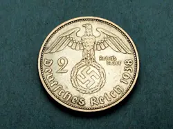 GERMANY THIRD REICH 2 REICHSMARK SILVER COIN 1938 A WW2 ERA. FINE