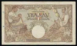 SERBIA 1000 DINARA BANKNOTE 1942 P-32B WATERMARK WOMANS HEAD WW2 OCCUPATION (VF)