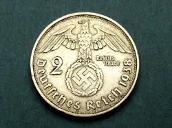 GERMANY THIRD REICH 2 REICHSMARK SILVER COIN 1938 D WW2 ERA. FINE