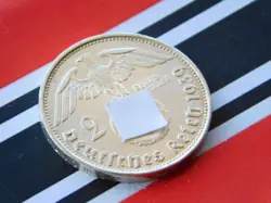 GERMAN 2 REICHSMARK 1939 B SWASTIKA HINDENBURG SILVER COIN 3RD REICH WW2 UNC MK