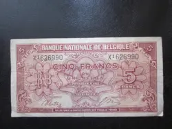 1943 BELGIUM 5 FRANCS BANKNOTE WWII WW2 COLLECTIBLE NOTE
