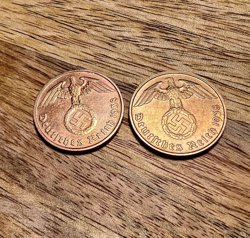 TWO  WW2 NAZI  GERMAN COINS 2 REICHSPFENNIG AUTHENTIC NAZI VINTAGE ANTIQUE