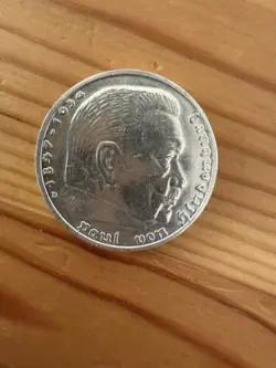 1937 D WW2 GERMAN 5 REICHSMARK COIN, THIRD REICH, PAUL VON HINDENBURG, SILVER